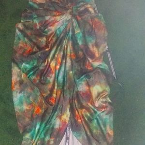 Green Print Satin Strapy Cow Neck side Gathered